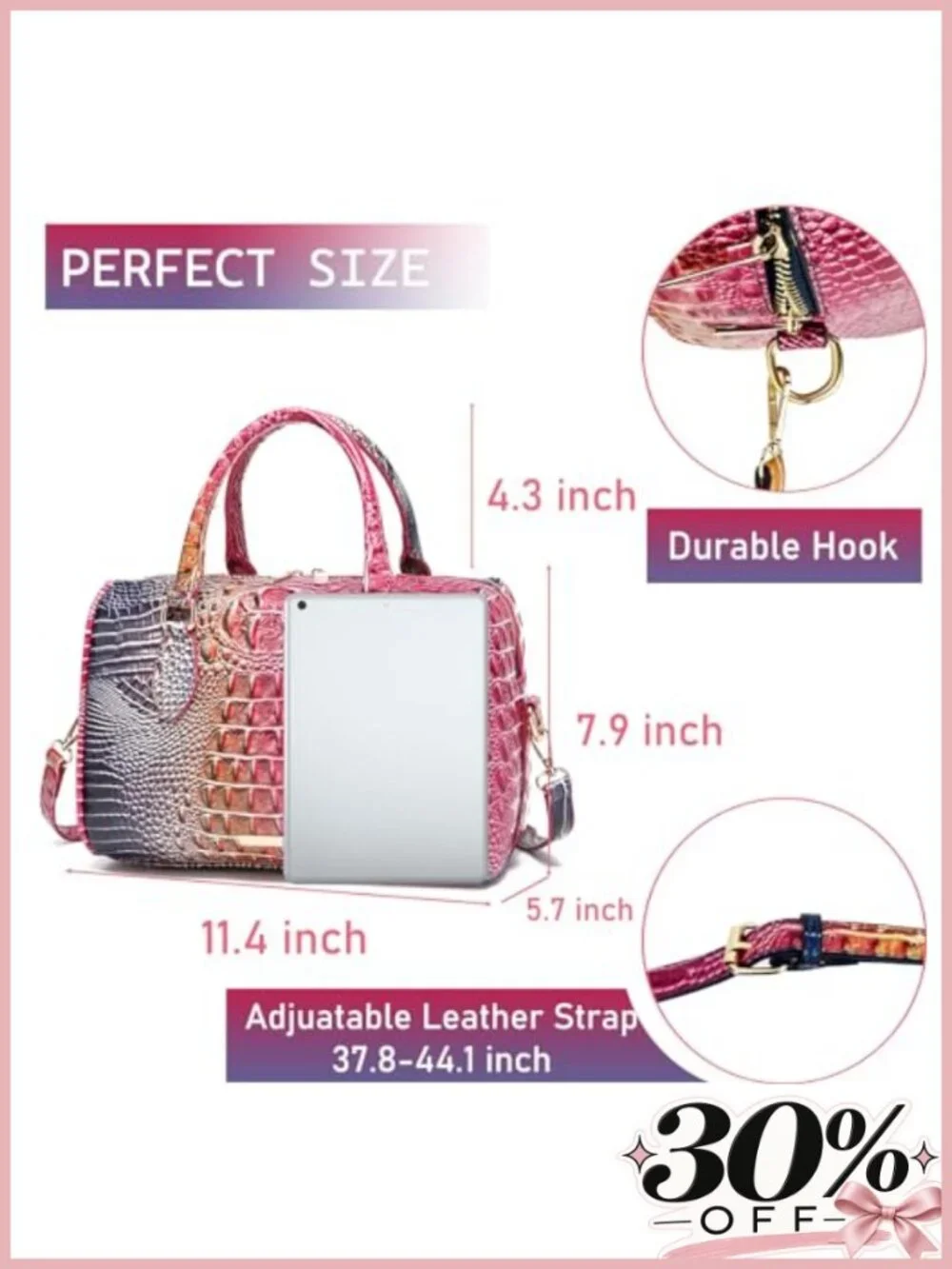 Vegan Leather Crocodile Embossed Satchel Top Handle Shoulder Bag Tote